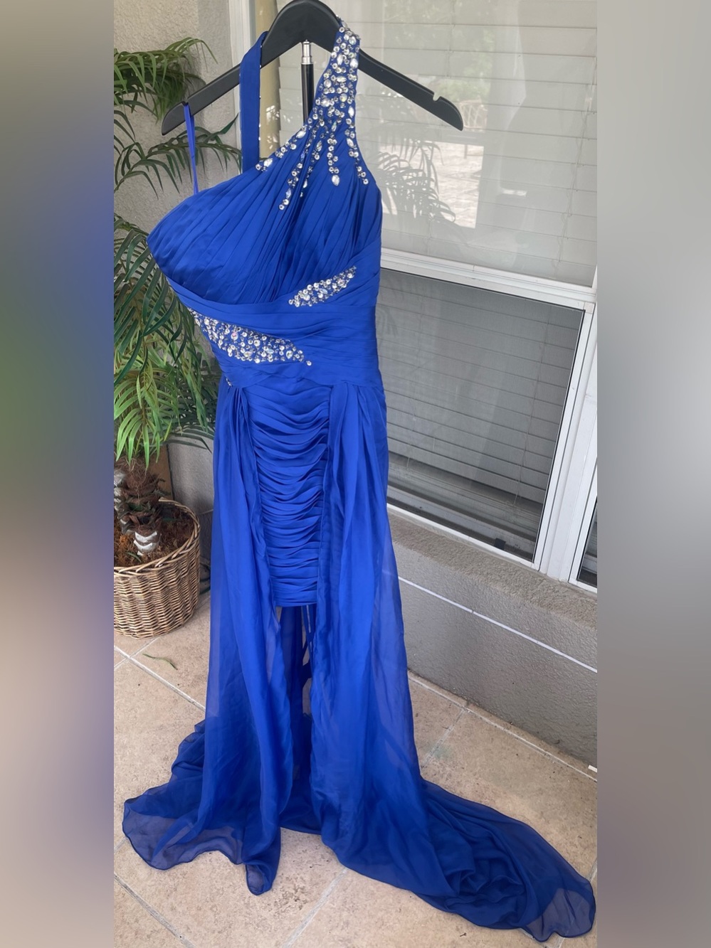 One shoulder Royal Blue Evening Gown with Crystal Embellishment